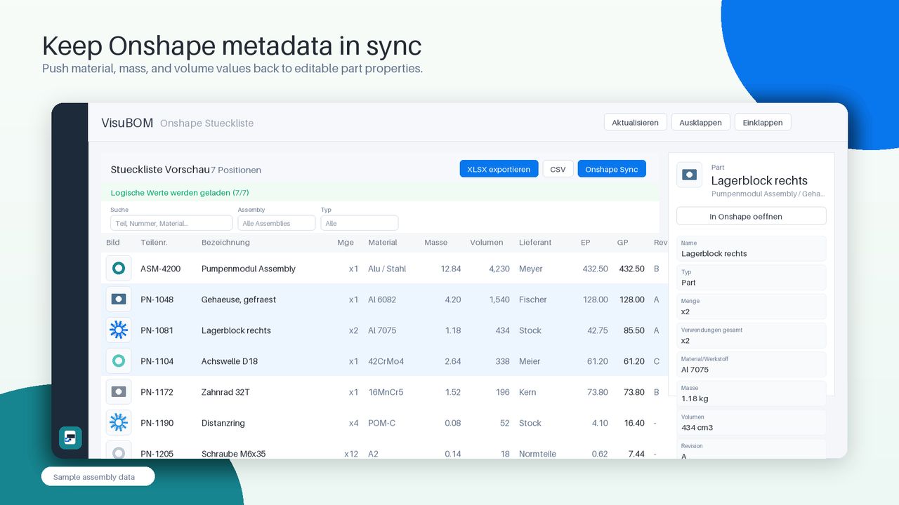 VisuBOM sync screen showing metadata fields prepared for Onshape updates.