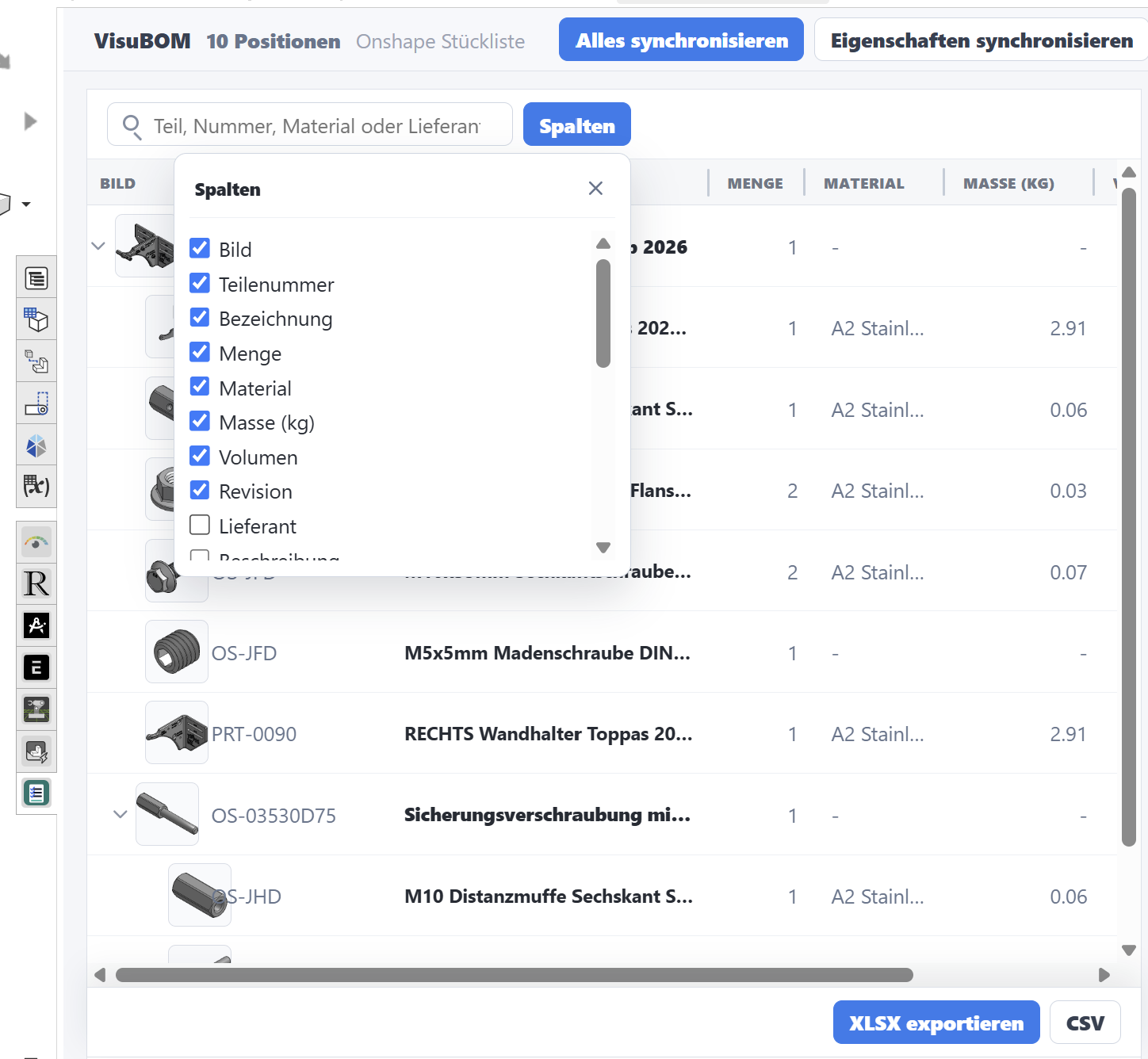 VisuBOM column selector open over the live BOM table.