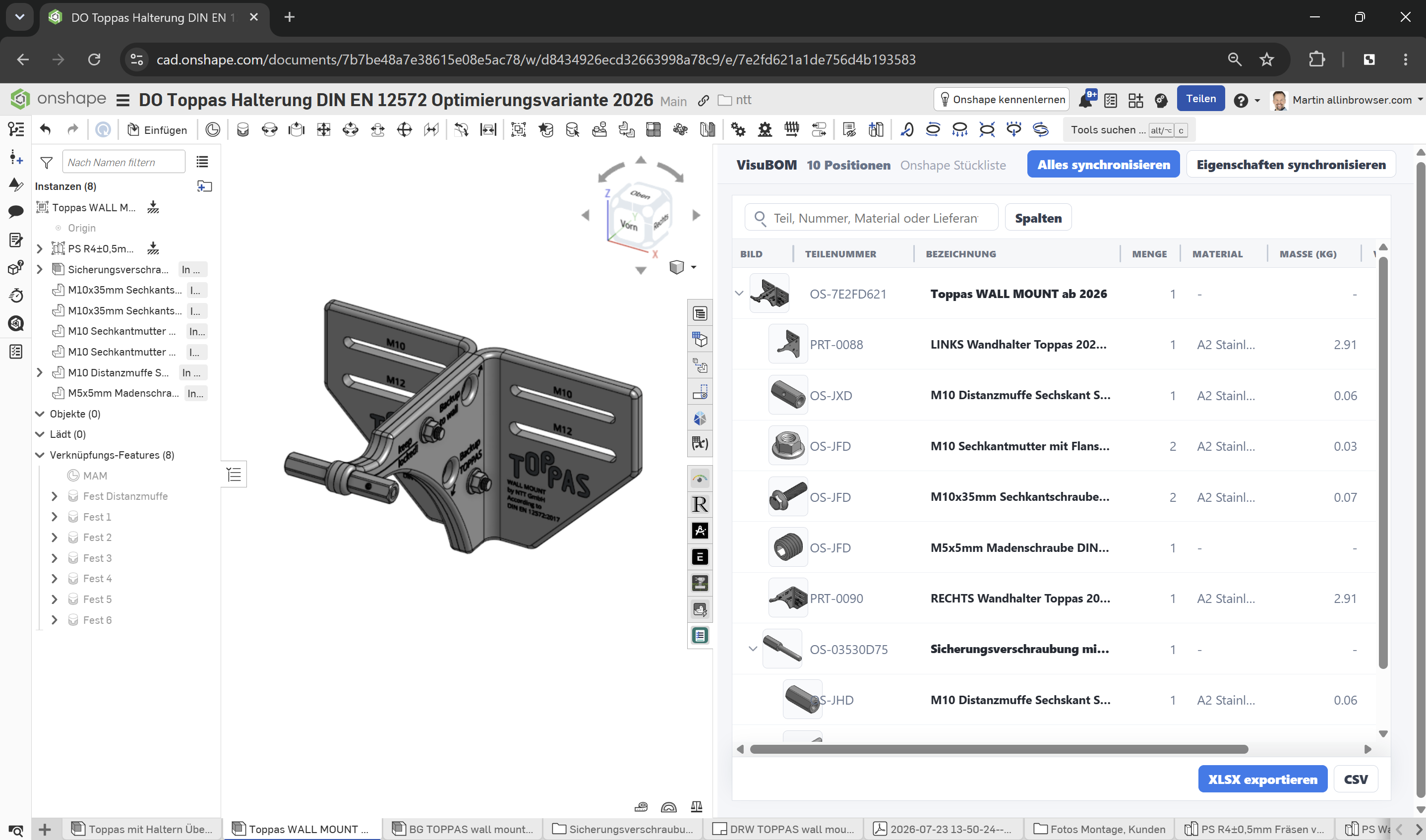 VisuBOM overview screen with BOM rows and a part detail panel.