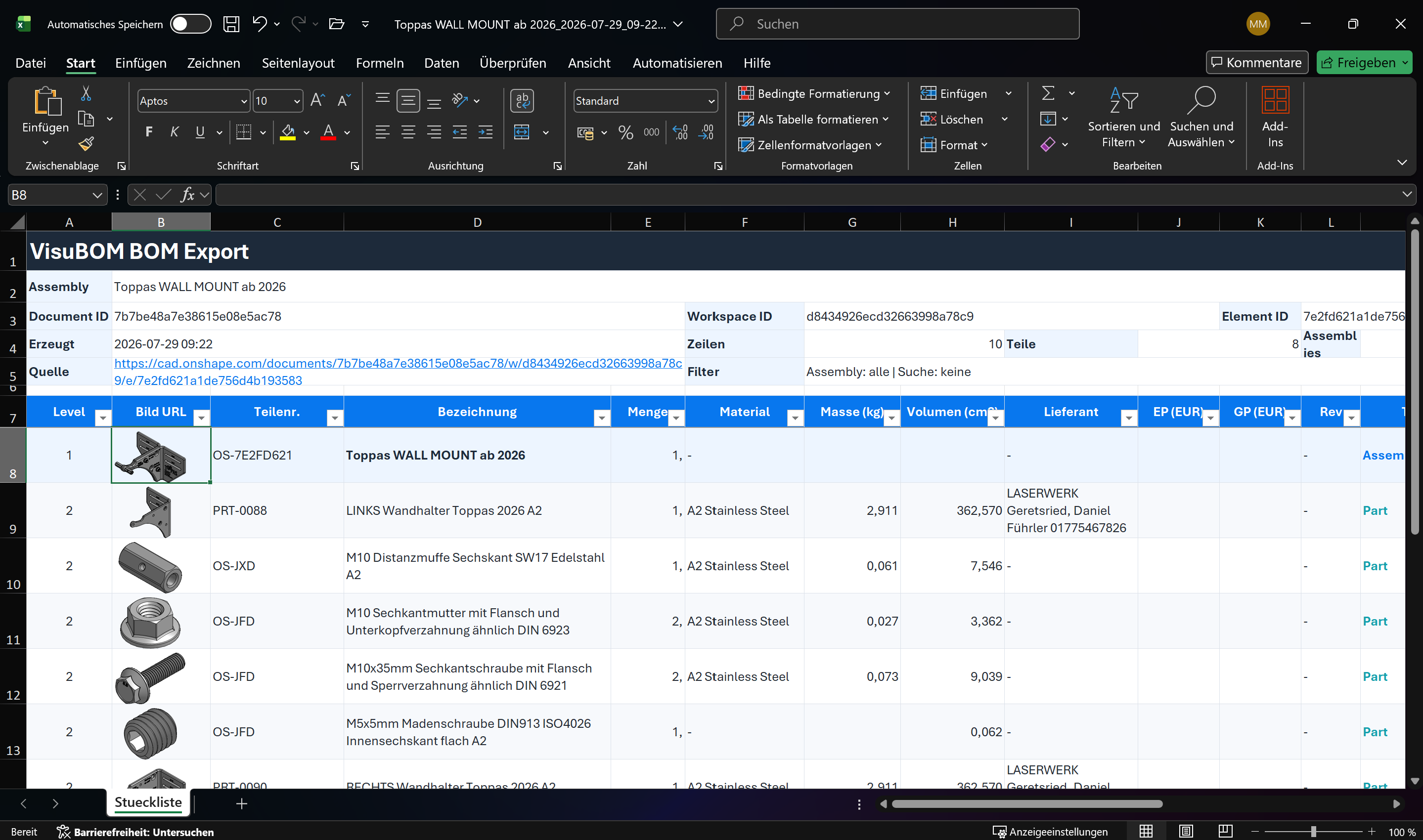 Excel workbook generated by VisuBOM with assembly metadata, thumbnails, and BOM rows.